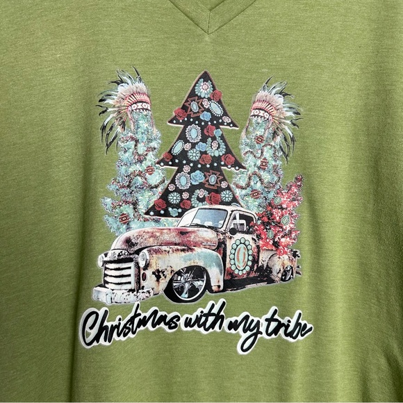 Boutique Holiday country Christmas Tribe green Bella canvas vneck graphic tee 2X - Picture 3 of 5